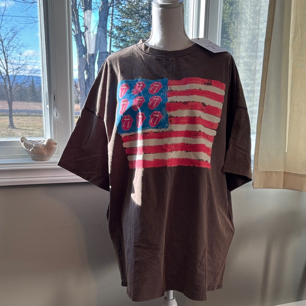 Brown Graphic T-Shirt/Tunic/Dress with Rolling Stone Flag Design